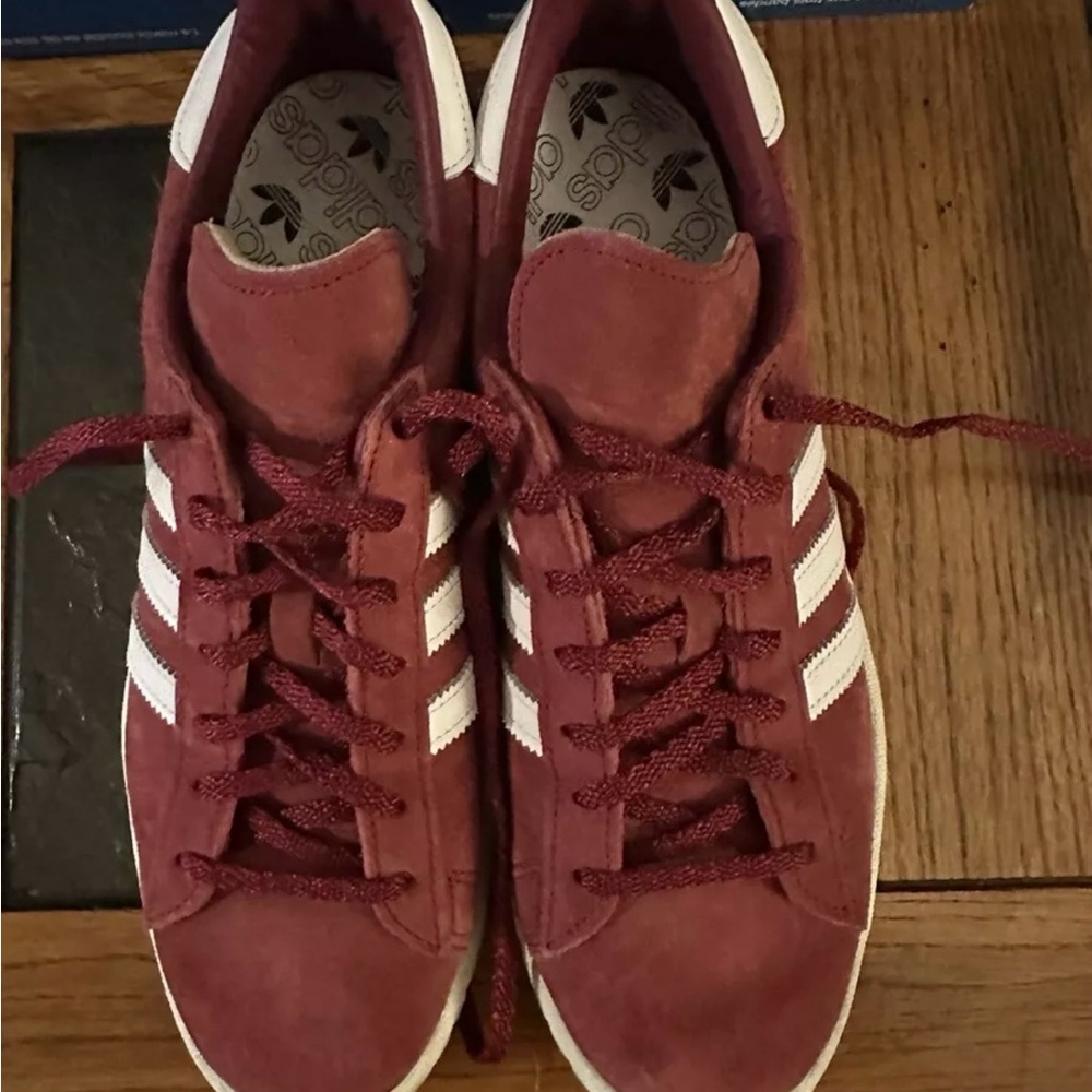 Adidas Maroon / Burgundy Sneakers with White Accents Men’s size 9 US. Suede.